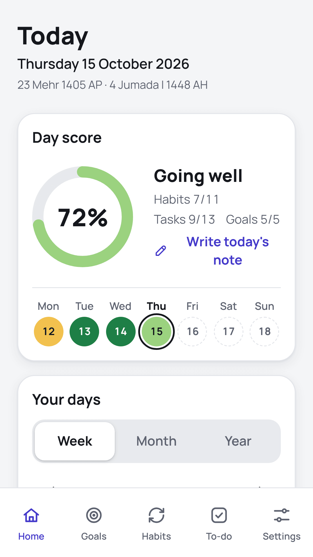 Sprout Home screen with today's score and a red-to-green month calendar