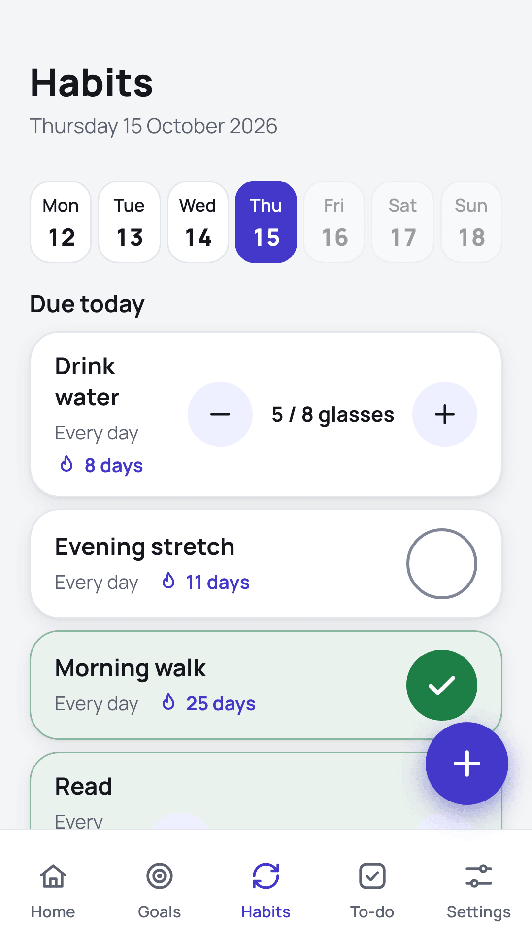 List of habits with streaks and today’s check-ins